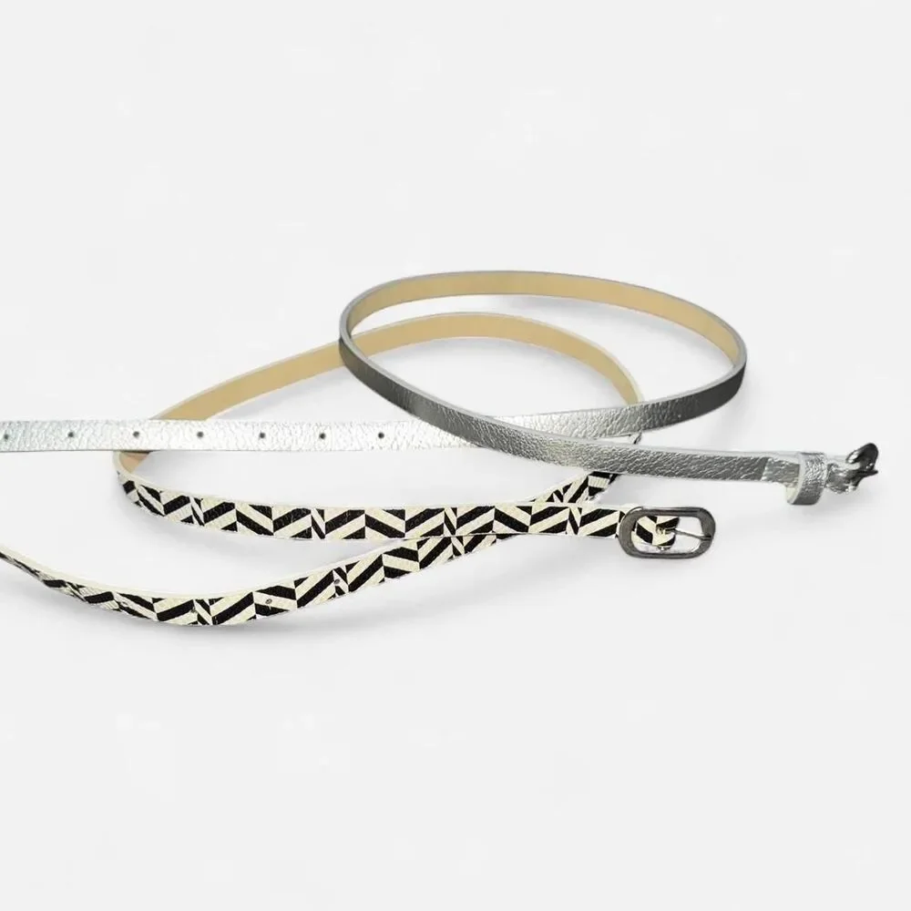 Y2K Madden Girl 2-Pack Skinny Fashion Belts, Silver Metallic and Black Geometric